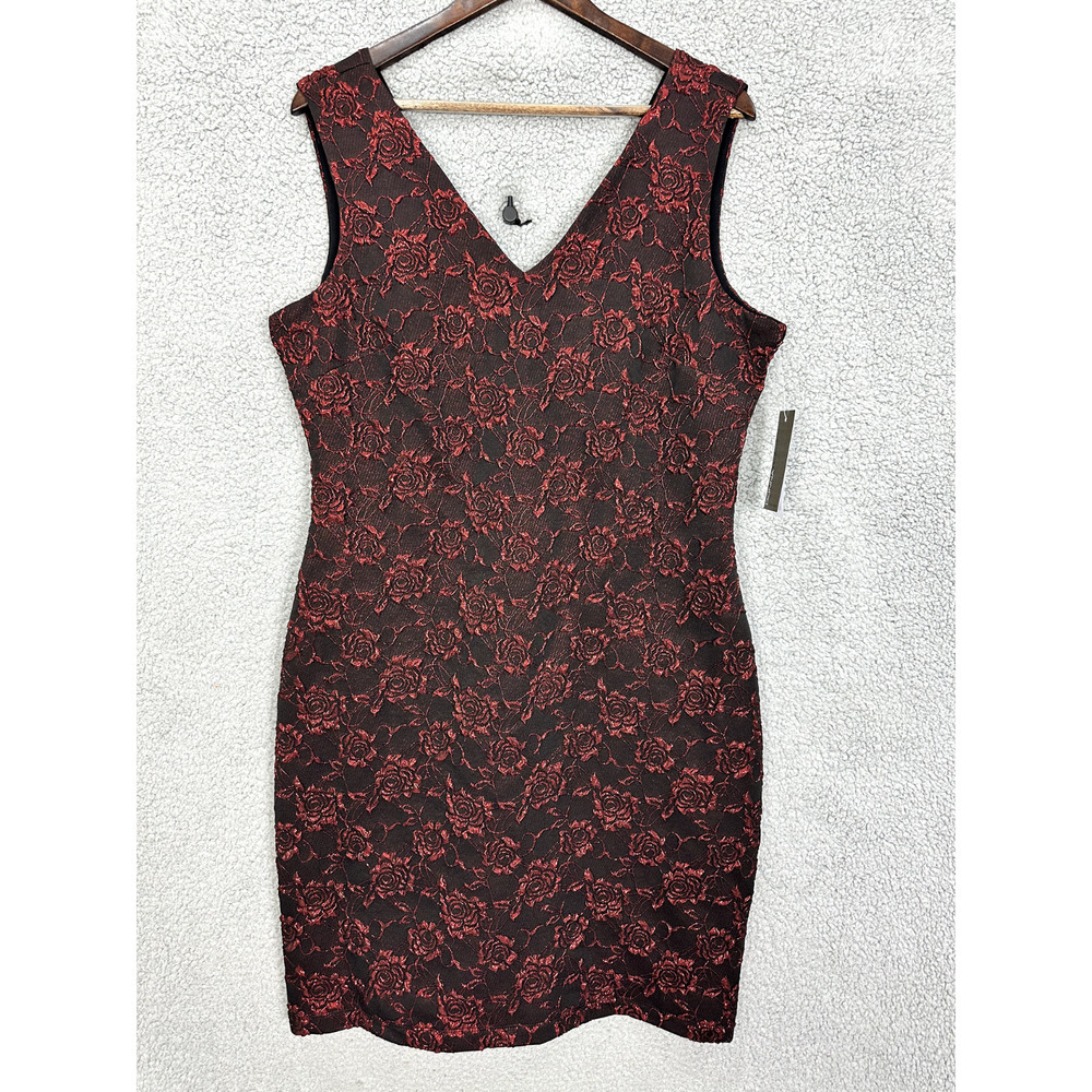 Donna Ricco Sheath Dress Womens 14 Red Black Floral Brocade‎ Metallic V-Neck NWT